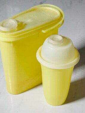 Lot of 2 - Vintage Tupperware Yellow Store and Pour Pitcher + Quick Shake Bottle